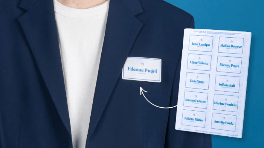 Infographic showing the name badge sheet and the process of attaching it to clothing