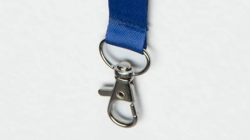Metal carabiner at the end of the blue lanyard