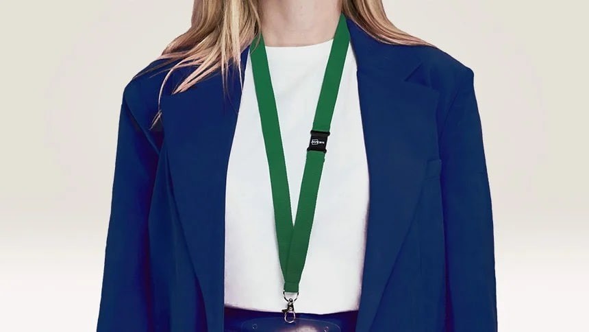 Lanyard with identification tag hanging from the woman's neck