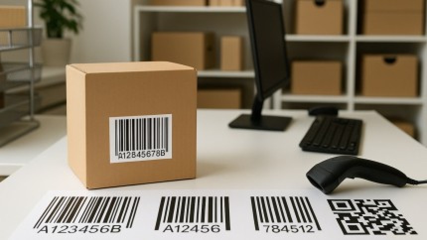 A cardboard box with a barcode label sits on a white desk next to a barcode scanner and a sheet of printed barcodes and a QR code.