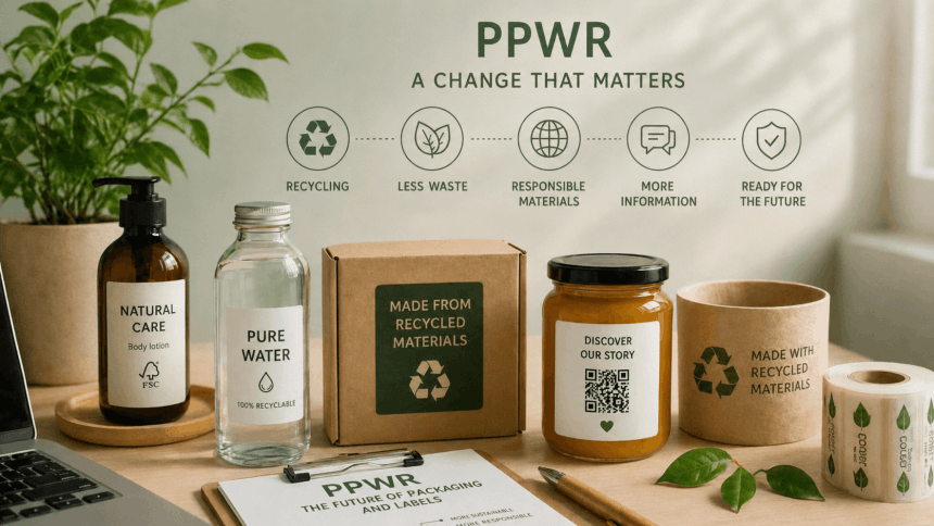 On a desk are eco-friendly product packages, such as lotion, water, and a jar. Above them is the text "PPWR A CHANGE THAT MATTERS" and icons symbolizing: recycling, less waste, responsible materials, more information, and ready for the future.