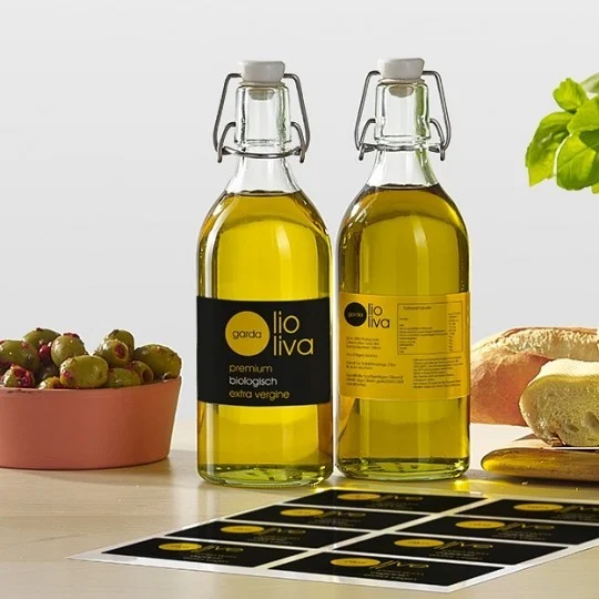 Labels on oil bottles front and back