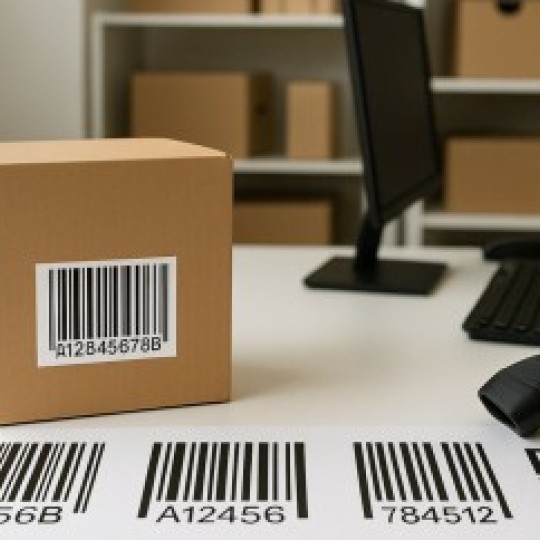 A cardboard box with a barcode label sits on a white desk next to a barcode scanner and a sheet of printed barcodes and a QR code.