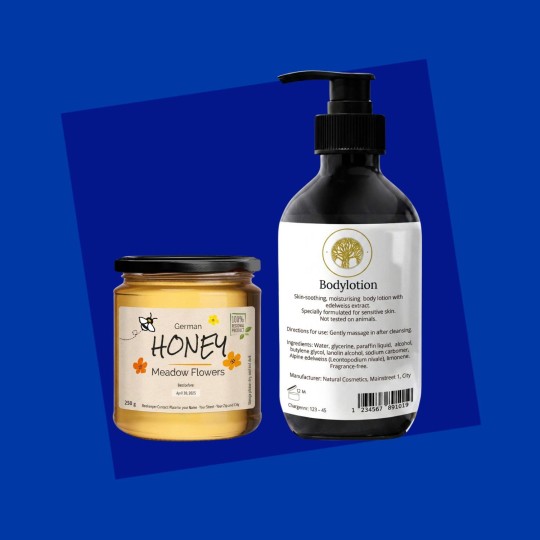 A jar of 'German Honey Meadow Flowers' and a bottle of 'Bodylotion' on a blue background. The honey label shows a bee and a '100% natural product' seal. The body lotion label describes the product, lists ingredients, and includes a barcode, showcasing compliant product labeling.