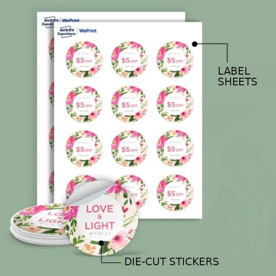 An image comparing two sticker types: "LABEL SHEETS" shows multiple floral "$5 OFF" stickers on a single sheet, while "DIE-CUT STICKERS" shows a stack of the same stickers cut into individual circles.