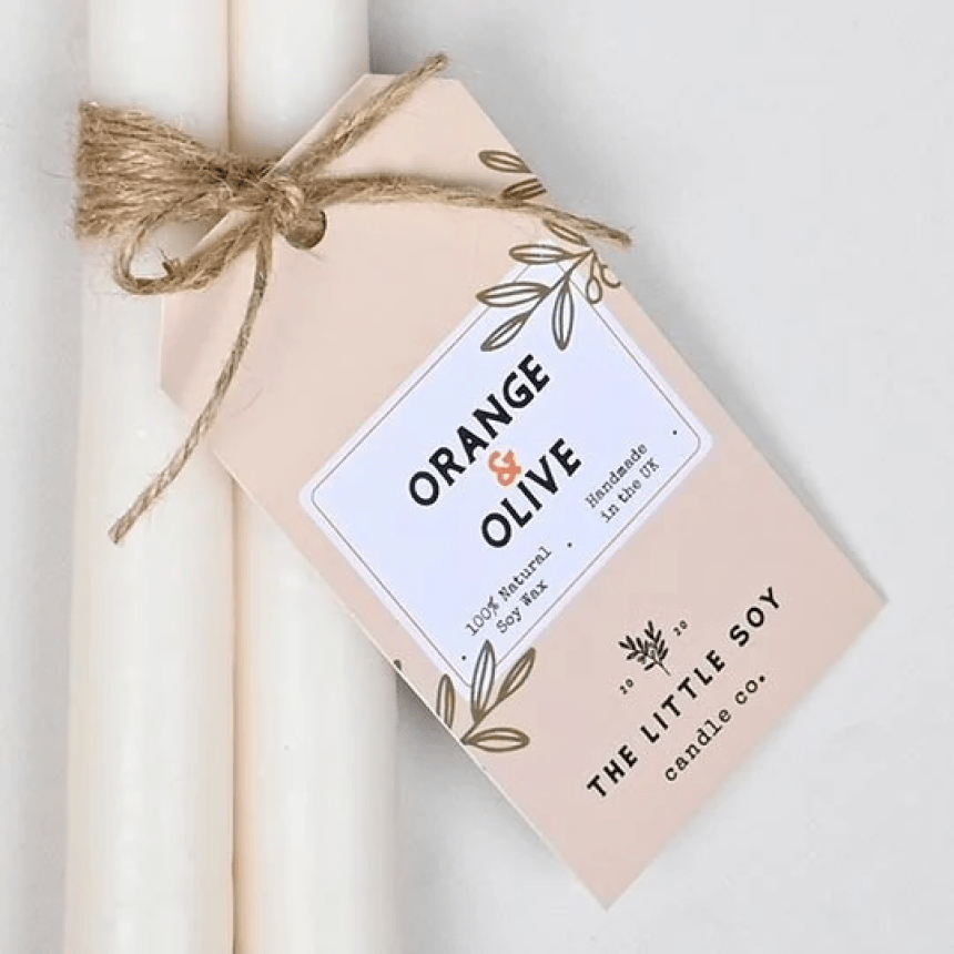 A candle tag with the name Orange&Olive