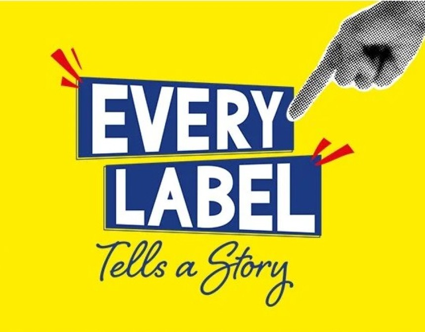 Yellow image with the text Every Label Tells A Story