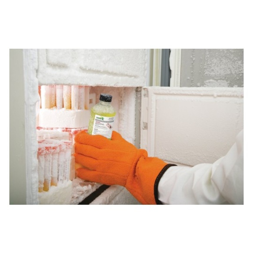 Hand in an orange glove putting the chemical substance bottle into the freezer