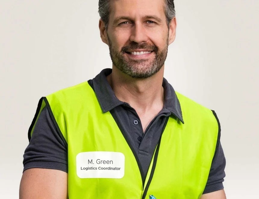 Man in work clothes with badge stuck to reflective vest