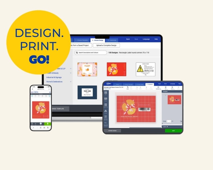 A collage showing a label design software on a laptop, monitor, and smartphone. The screens display the process of choosing and customizing label templates. A prominent yellow circle in the corner reads, "DESIGN. PRINT. GO!"