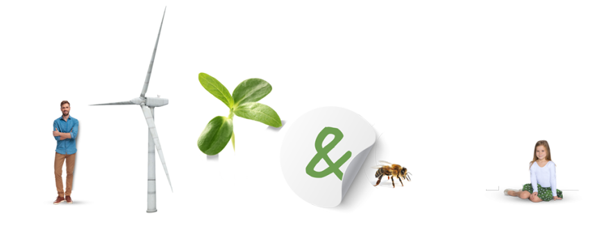 A composite image displaying a series of items in a row: a man standing, a wind turbine, a green plant sprout, a white sticker with a green ampersand, a bee, and a young girl sitting on the ground.