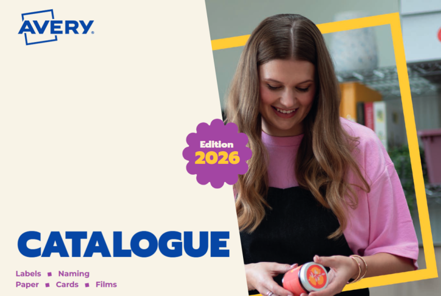 Cover of the Avery catalog, 2026 edition. On the left side, against a cream-colored background, is the Avery logo, the large blue word “CATALOGUE,” and a list of categories: Labels, Tags, Paper, Cards, and Film. On the right side stands a smiling woman in a pink T-shirt holding a product with a label attached.