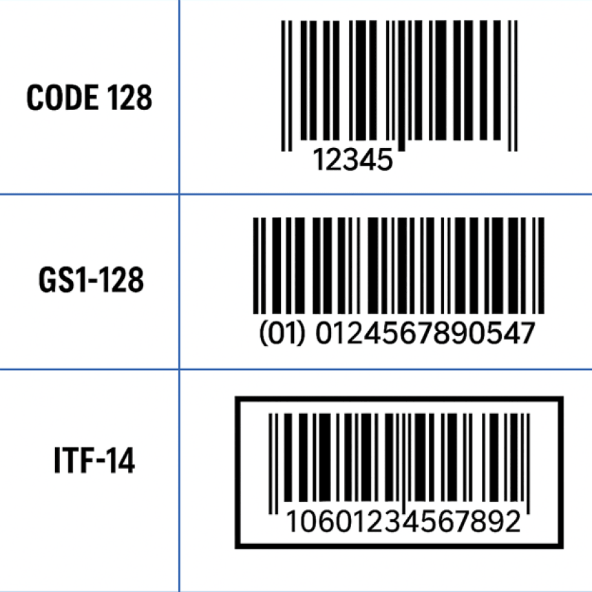 A chart displaying three types of barcodes. The first is a CODE 128 barcode with the number 12345. The second is a GS1-128 barcode with the number (01) 01234567890547. The third is an ITF-14 barcode with the number 10601234567892.