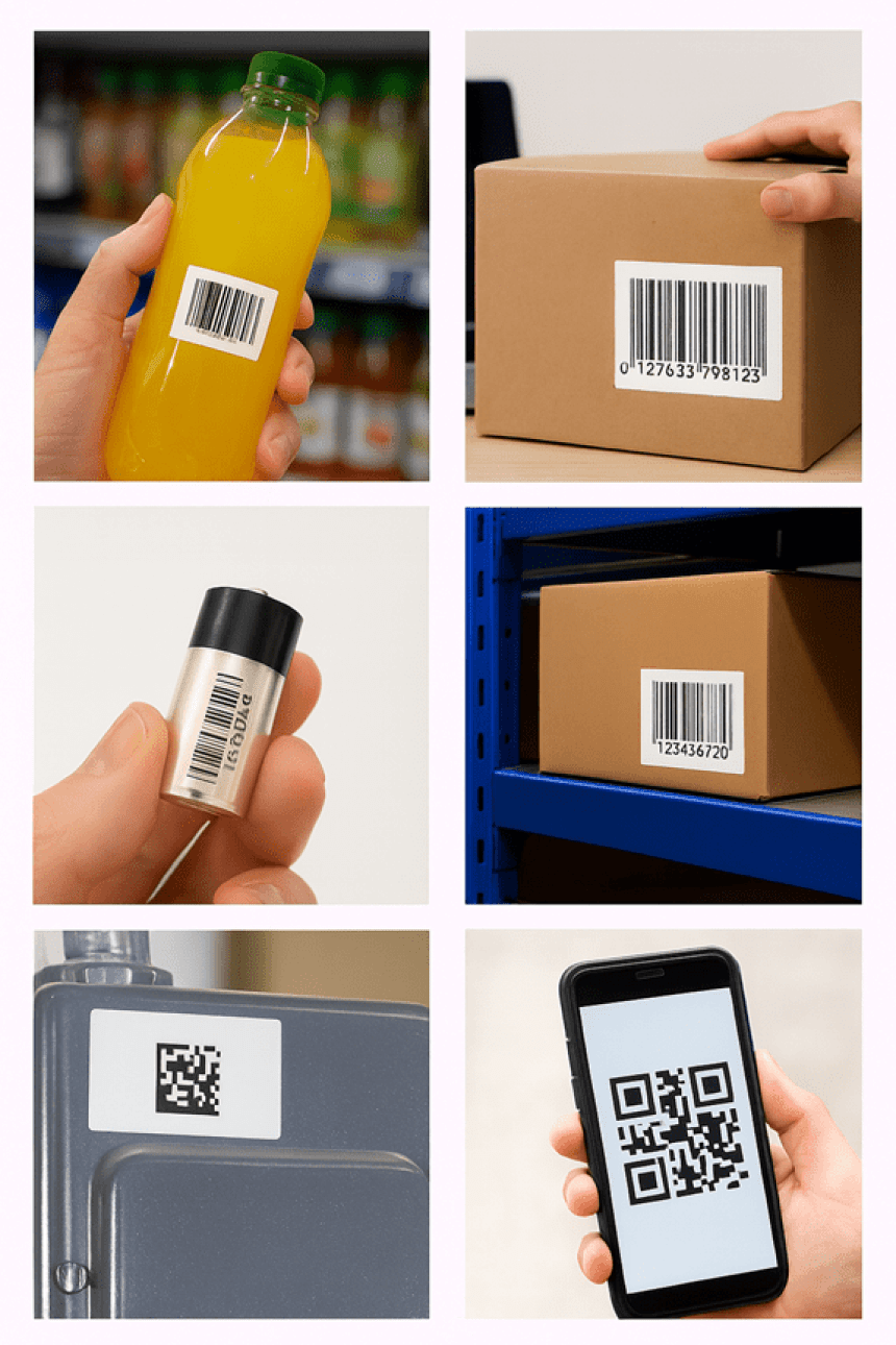 A collage of six images showing the versatile use of barcodes and QR codes on various items, including a juice bottle, a battery, a shipping box, a utility meter, and a smartphone screen.