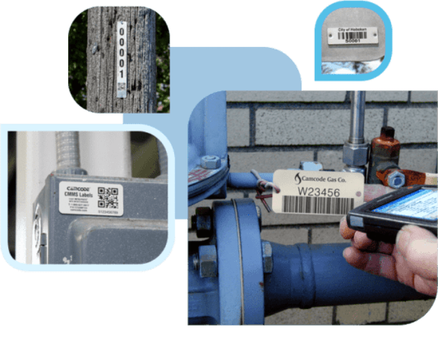 A collage of images showing durable barcode and QR code labels used for asset tracking on a utility pole, a utility meter, and a large industrial pipe being scanned by a handheld device.