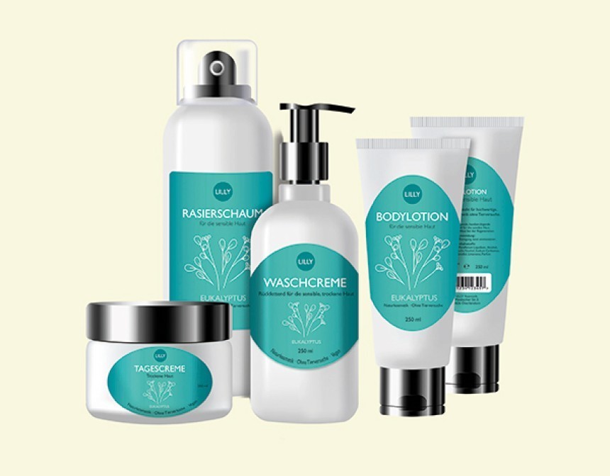 A set of five LILLY cosmetics from the Eucalyptus line. The set includes: day cream (Tagescreme), shaving foam (Rasierschaum), cleansing cream (Waschcreme), and body lotion (Bodylotion). The packaging is white with turquoise labels featuring a eucalyptus twig motif.