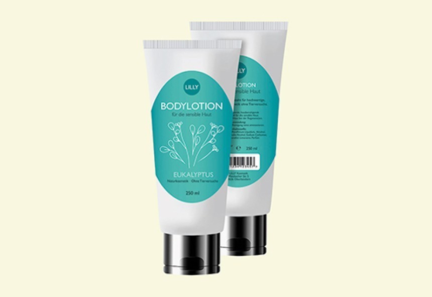 Two white tubes of LILLY body lotion from the Eucalyptus line. The turquoise label features the product name “Bodylotion” and an image of an eucalyptus twig. One tube is in the foreground, and the other is partially visible behind it.