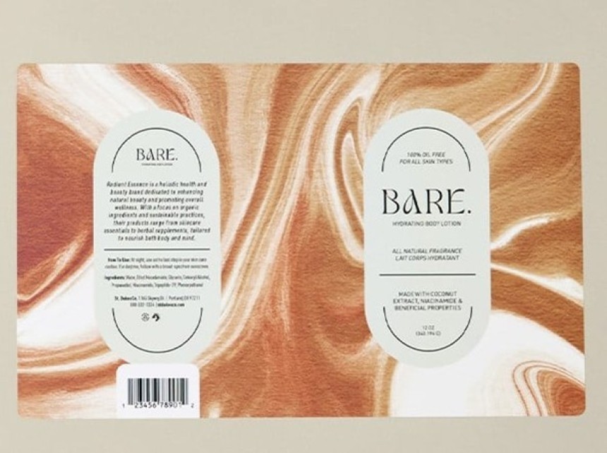 Label design for “Bare Hydrating Body Lotion.” The label features two oval sections with product information, set against a warm, marbled background in shades of beige and brown.
