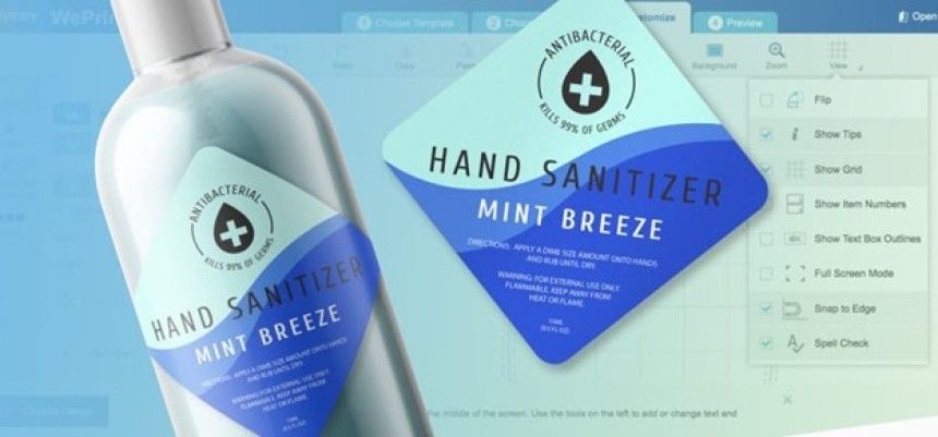 Designing a custom label for hand sanitizer using an online editor. On the left is the finished product; on the right is the program interface showing a label with the text “Hand Sanitizer Mint Breeze.”