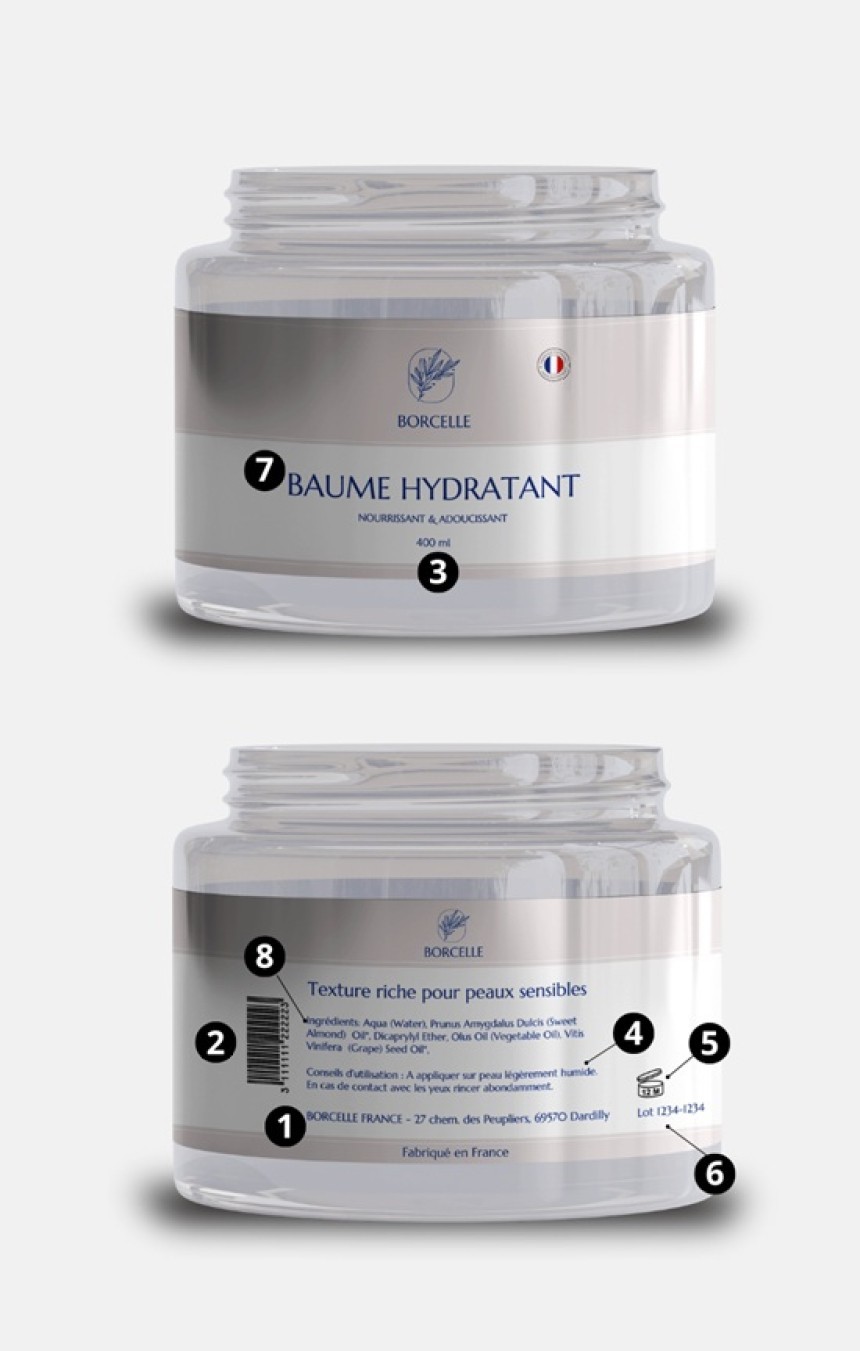 An infographic showing the required elements of a cosmetic label, using a jar of “Baume Hydratant” cream as an example. The numbers indicate, among other things, the product name, volume, ingredients, manufacturer information, and barcode.