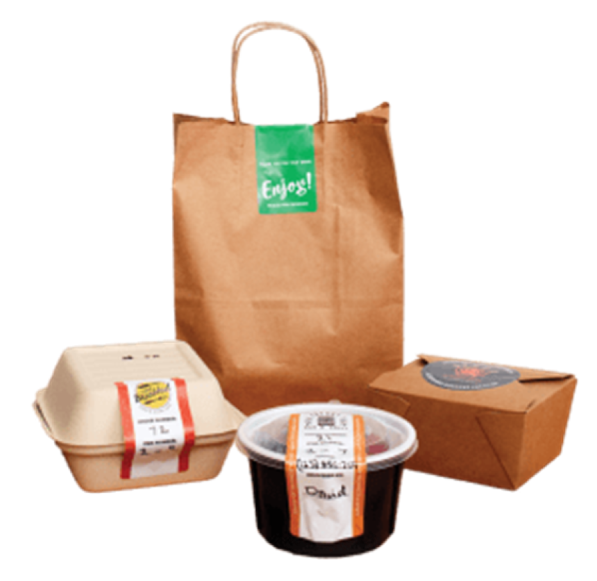 A complete takeout order showing various food packaging, including a paper bag, a clamshell container, a round plastic container, and a cardboard box, all sealed with custom food labels.