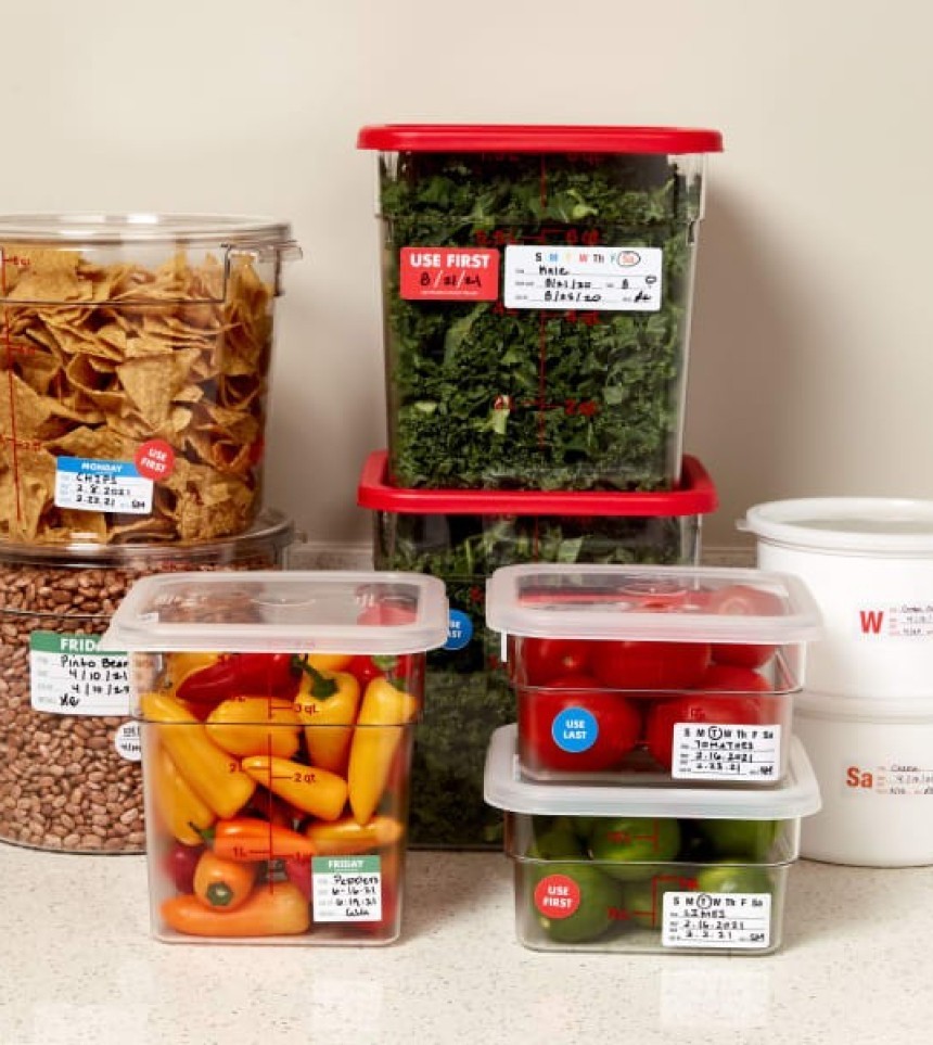 Several clear food storage containers filled with kitchen ingredients like chopped kale and peppers, each marked with a detailed day-of-the-week food rotation label.