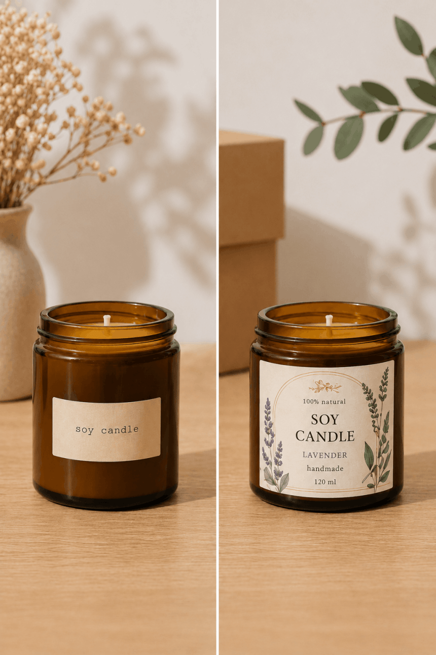 A comparison of two photos of a soy candle: on the left with a simple label, and on the right with a professional, decorative label featuring a lavender theme.