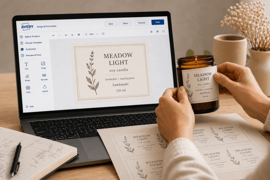 A person is applying a label to a candle jar, which is being designed on a laptop screen in the background using Avery software.