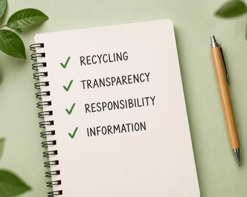 A notebook on a green background with a list of four key values, marked with green checkmarks: Recycling, Transparency, Responsibility, Information. A pen lies next to it.