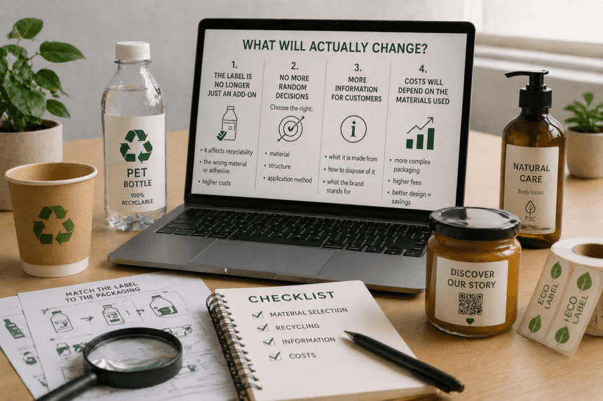 A laptop screen displays a presentation about the changes under PPWR. The main points are: the new role of the label, informed decisions, more information for customers, and material-dependent costs. Eco-friendly products and a notebook with a checklist surround the laptop.