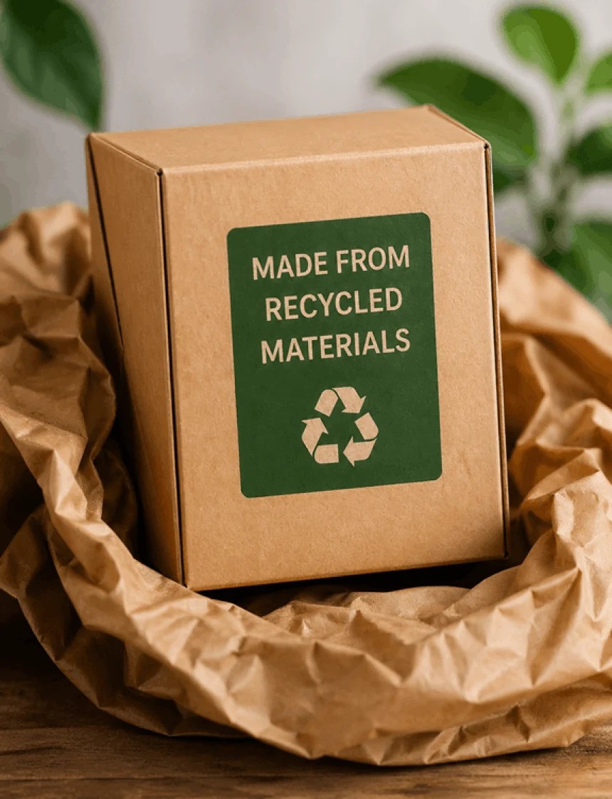 A cardboard box on crumpled, brown paper. The box has a green label with the text "MADE FROM RECYCLED MATERIALS" and the international recycling symbol.