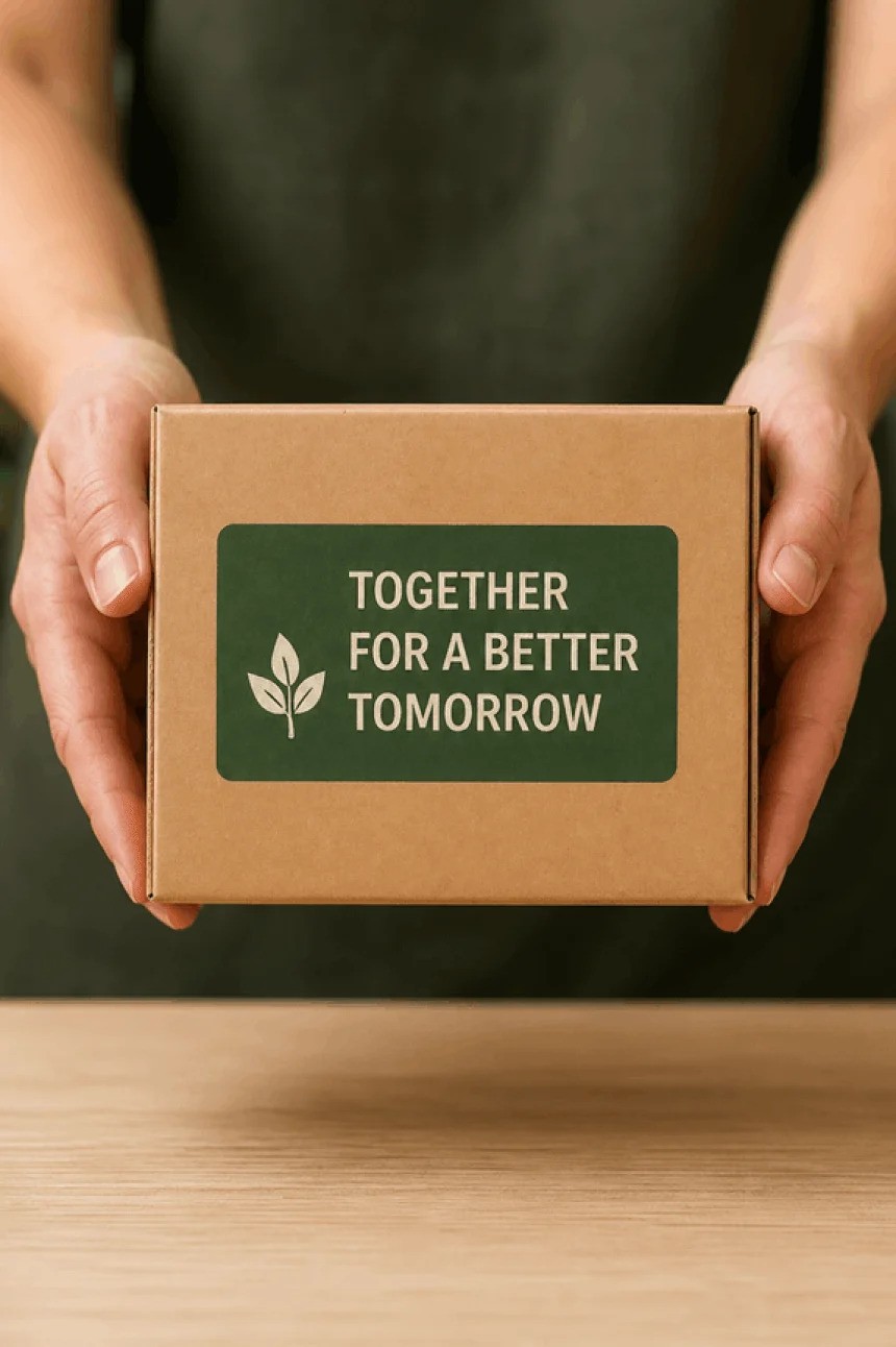 Two hands hold a cardboard box with a green label that reads "TOGETHER FOR A BETTER TOMORROW" and a leaf icon.
