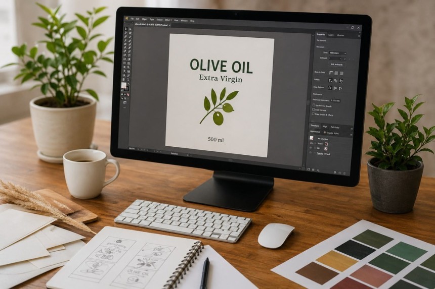 A designer's workstation. A computer monitor displays a label design for olive oil. A sketchbook, color swatches, and a keyboard are on the desk.