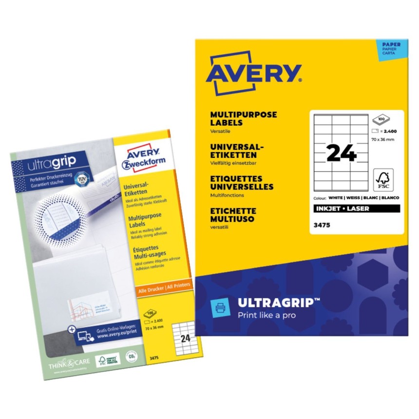 Packaging for Avery Zweckform multipurpose labels. The yellow, white, and blue package shows the product name in multiple languages, indicates it contains 2400 labels sized 70x36mm, and is compatible with both inkjet and laser printers. The Ultragrip and FSC logos are also visible.